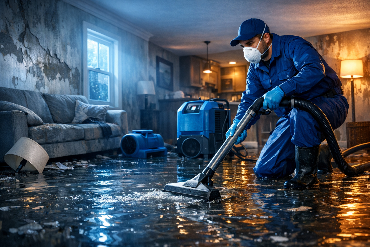 Professional water damage restoration technician at work