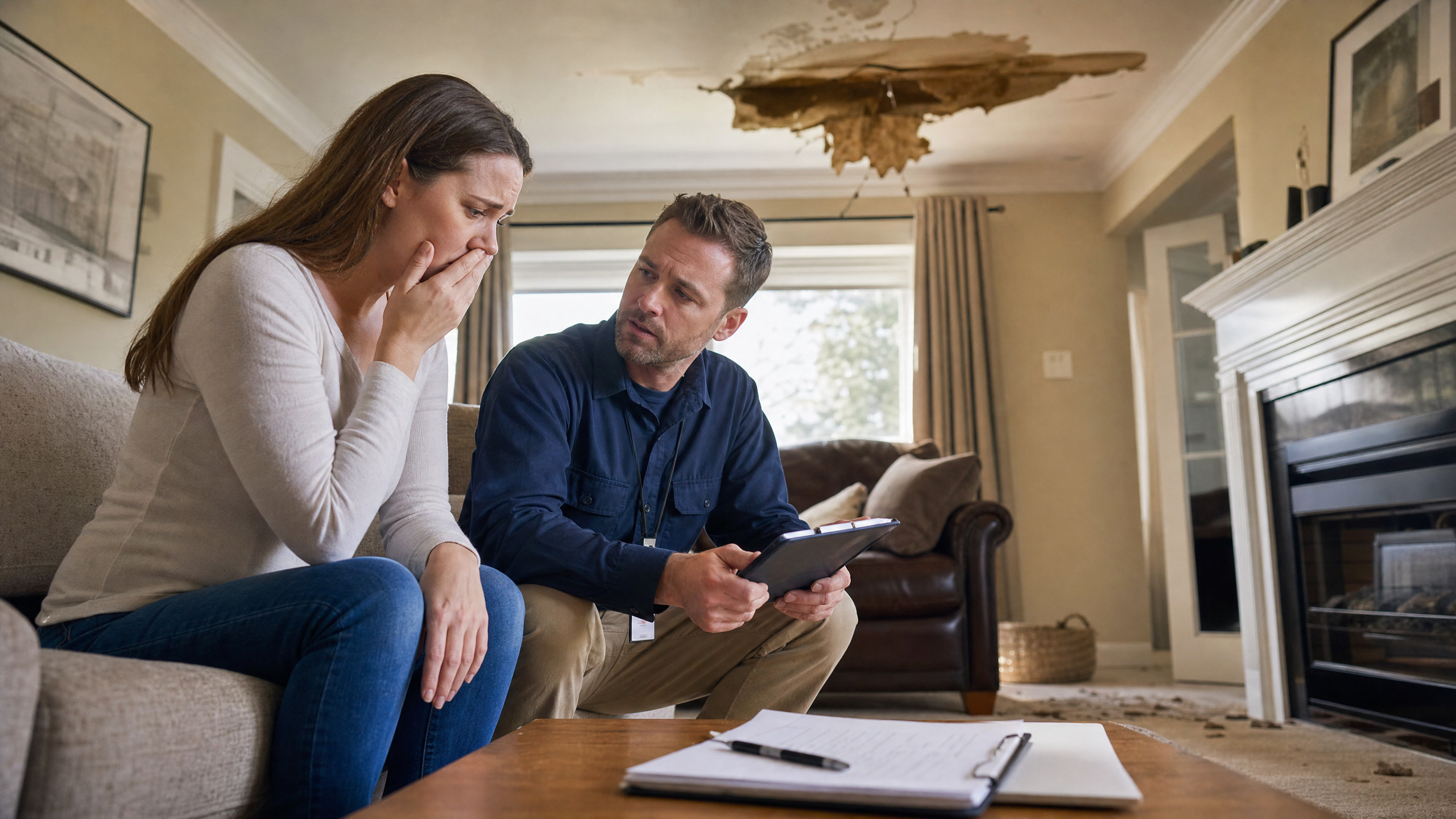 Homeowner reviewing insurance documents with restoration contractor